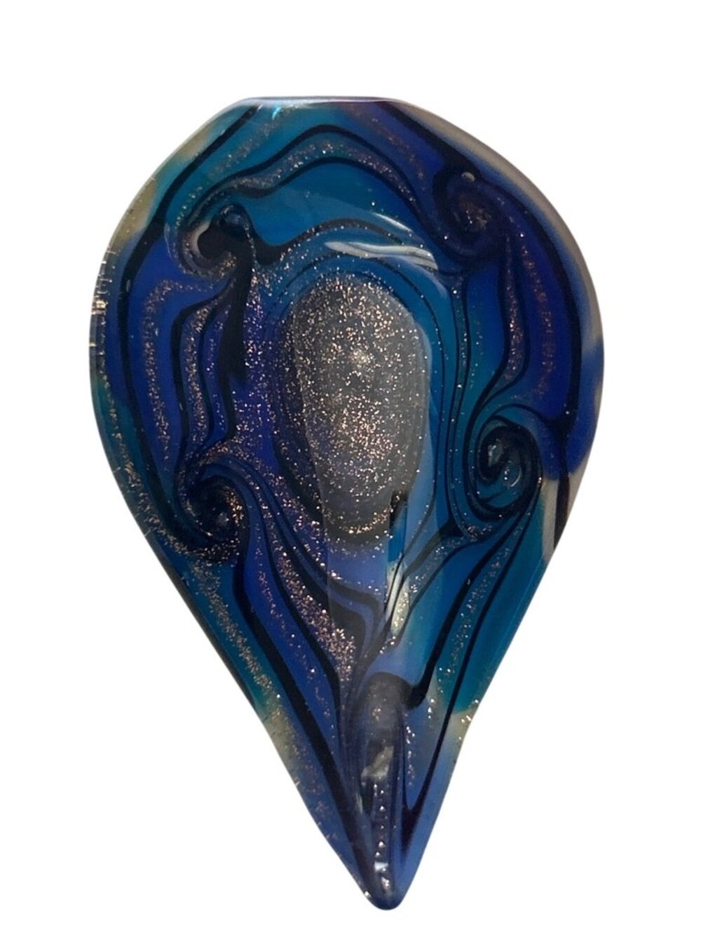 Handmade Teardrop Glass Pendant With Swirling Blue & Glitter Design